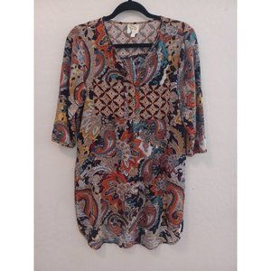 Fig and Flower Top Women Sz S Brown Multi Media Hi Low Hem Side Slits 3/4 Sleeve